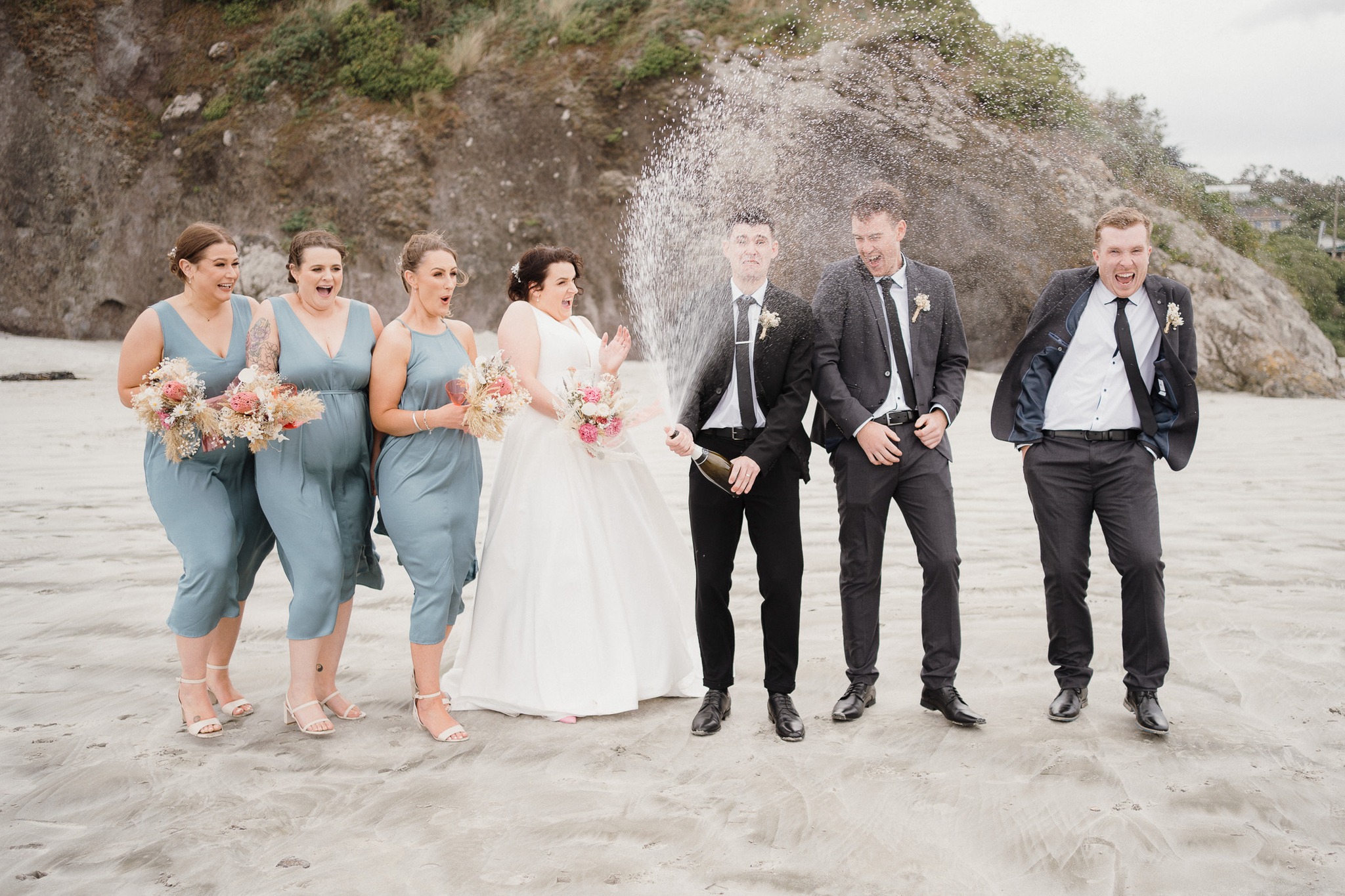 Dunedin Wedding Smails Beach Bubbly Bride Groom